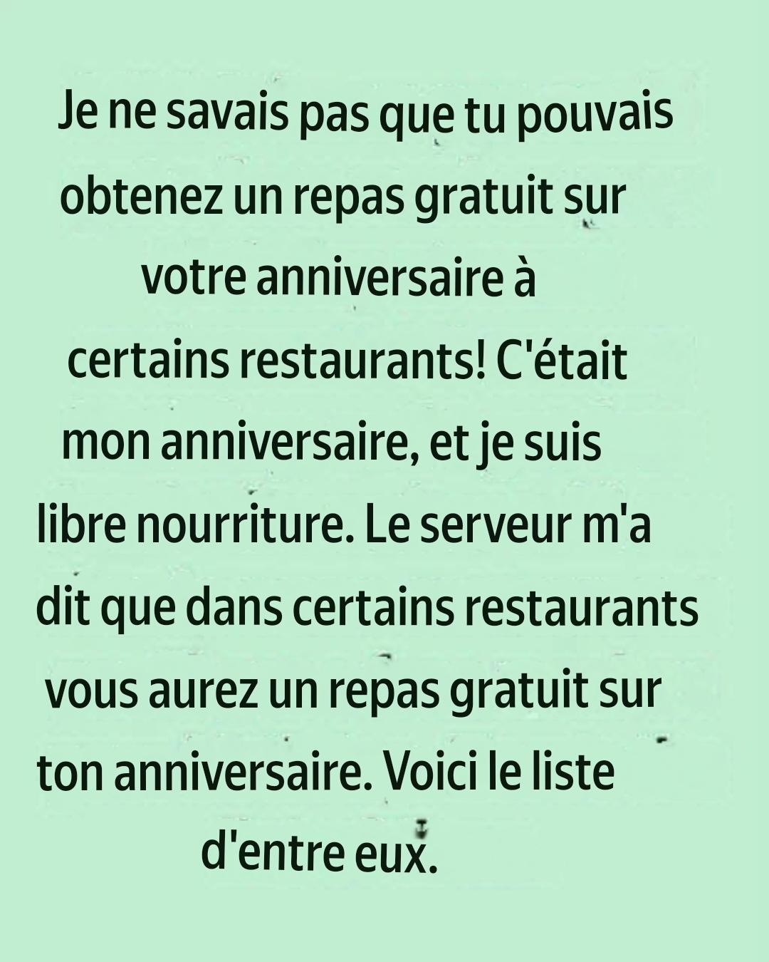 Score Gratuit Anniversaire Repas lors de Ces Restaurants