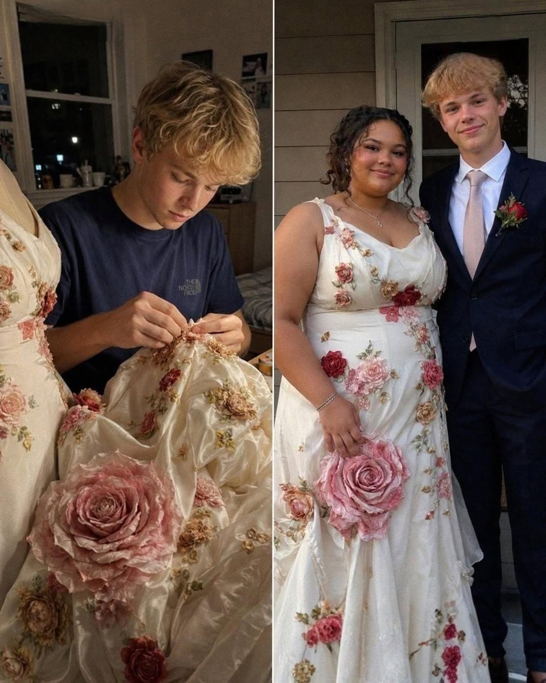 e meilleur ami de ma fille lui a cousu une robe de bal après que toutes les boutiques nous aient dit qu’elle était trop grosse pour une belle robe. Ce qu’il a caché a stupéfié tout le monde. Toutes les boutiques de robes de bal de notre ville disaient à ma fille de 17 ans qu’elle était « trop grosse » pour leurs modèles. Une vendeuse a même ri quand Hazel a demandé à essayer la robe en vitrine. Mais ce qu’elles n’ont pas vu, c’est à quel point Hazel avait changé au cours de l’année écoulée. Son grand frère, Mason, est décédé dans un accident de voiture au printemps dernier. C’était lui qui la faisait rire quand elle était angoissée, qui l’appelait « Noisette » et qui lui avait promis d’être son cavalier au bal si personne d’autre ne se proposait. Après sa mort, elle a cessé de sortir. Elle a cessé de manger normalement. Certains jours, elle ne mangeait rien du tout. D’autres jours, elle mangeait juste pour ne pas ressentir le silence qu’il avait laissé derrière lui. Le chagrin s’est installé en elle d’une manière que je ne pouvais pas apaiser. Ce jour-là, Hazel est rentrée à la maison, a fermé sa porte à clé et m’a dit à travers la porte : « Maman, je n’irai pas au bal de promo. S’il te plaît, arrête d’insister. » Je me suis assise devant la porte et j’ai pleuré. Le lendemain matin, on a frappé à la porte. C’était Eli, le garçon discret qui habitait deux maisons plus loin. Il était le meilleur ami d’Hazel depuis la sixième. « Madame Carter », a-t-il dit. « J’ai besoin des mensurations d’Hazel. Le bal de promo est dans onze jours. Je peux m’en occuper. Mais j’ai besoin que vous me fassiez confiance, et surtout, ne lui dites RIEN. » J’ai failli refuser. Il avait dix-sept ans. Il n’avait jamais cousu de robe de sa vie. Mais quelque chose dans son regard… J’ai dit oui. Pendant onze nuits, j’ai vu la lumière de sa chambre rester allumée jusqu’à trois ou quatre heures du matin. Sa mère m’a dit qu’il avait les doigts en sang. Il a raté deux contrôles. Il s’en fichait. Le soir du bal de promo, il est arrivé en costume de seconde main et a accompagné ma fille jusqu’au gymnase. La robe était à couper le souffle : ivoire, ornée de roses volumineuses, fluide, structurée, le genre de robe qu’on voit dans les magazines. Hazel rayonnait. Pour la première fois depuis un an, ma fille s’est regardée dans le miroir sans sourciller. Puis Eli s’est dirigé vers la cabine du DJ et a pris le micro. « Je dois te confier quelque chose », a-t-il dit. « Hazel… regarde sous la plus grosse rose.» Les mains d’Hazel se sont mises à trembler. Elle s’est baissée, a trouvé quelque chose caché dans le tissu… et a hurlé. Quand elle l’a soulevé et que tout le monde a vu ce que c’était… Un silence de mort s’est abattu sur la sall