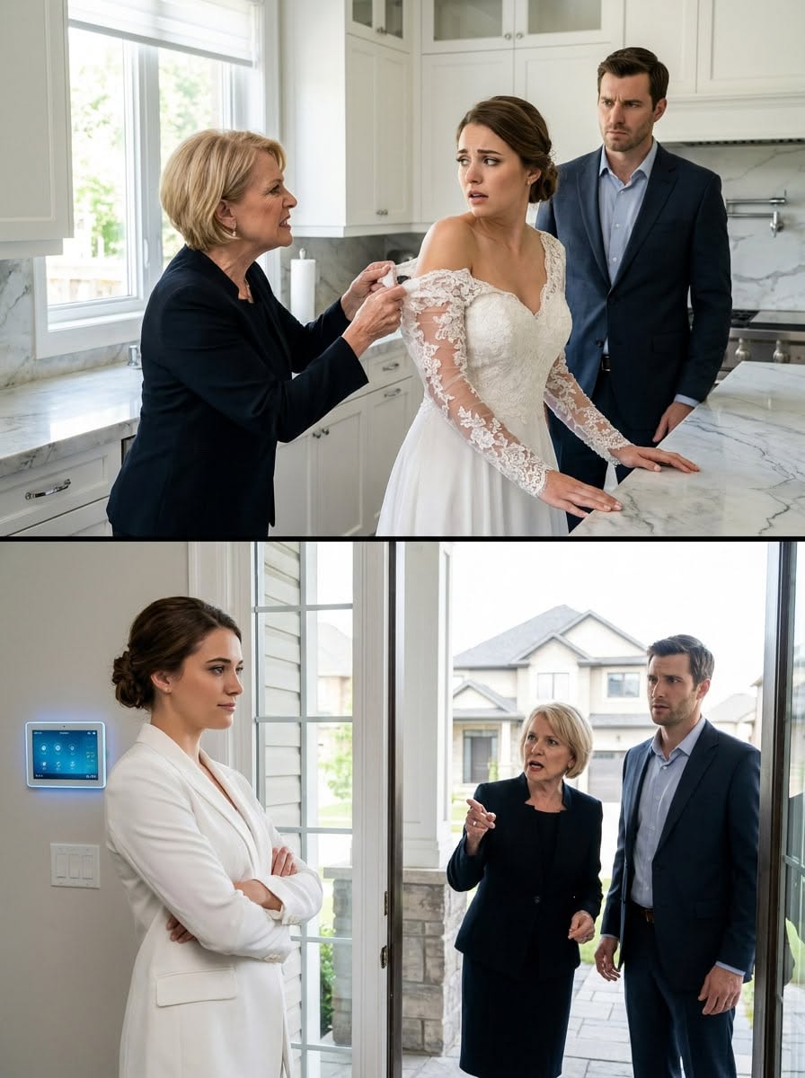 Lorsque ma belle-mère a déchiré ma robe blanche au milieu de la cuisine, elle a crié : « C’est mon fils qui paie tout dans cette maison ! » Mon mari l’a soutenue sans rien faire.