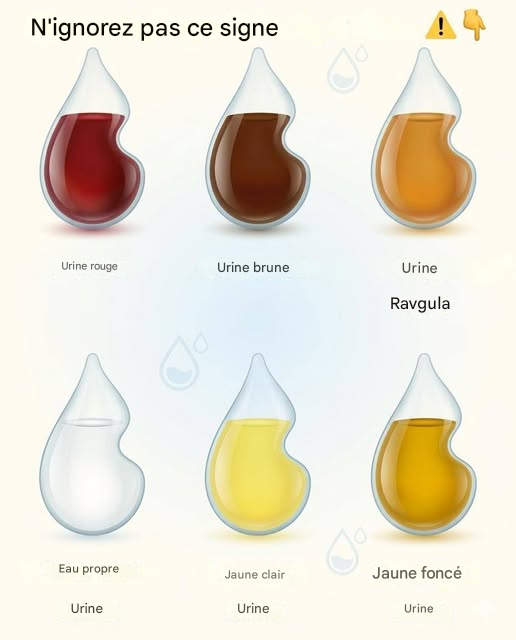 N’ignorez pas ce signe ! A4 Urine rouge Urine brune Urine Ravgula Eau propre Urine Jaune clair Urine Jaune foncé Urine