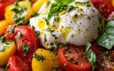Salade de tomates avec burrata, pesto au basilic et citron