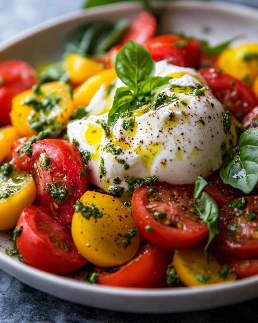 Salade de tomates avec burrata, pesto au basilic et citron