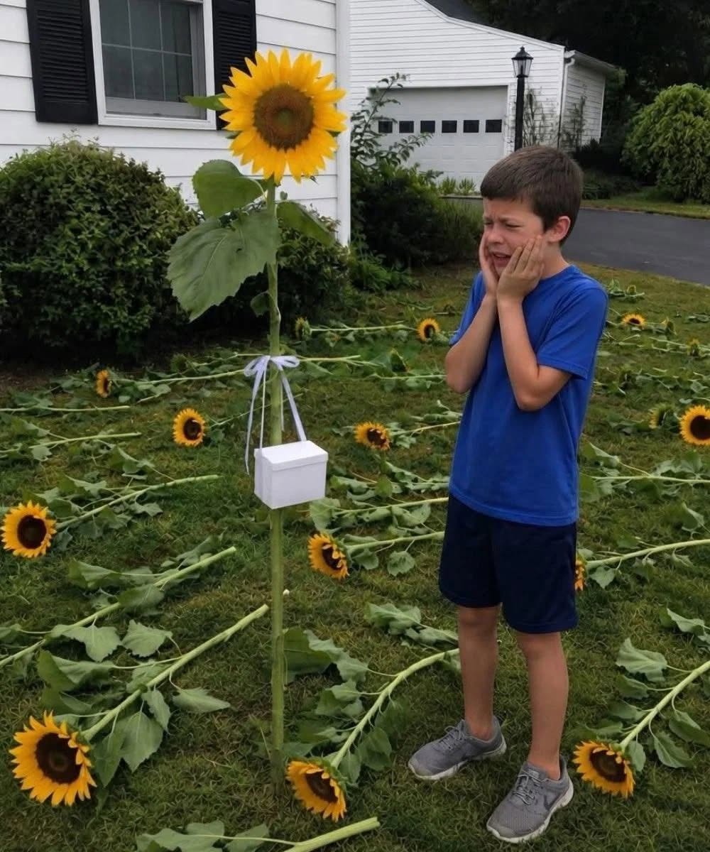 Chaque année, mon fils plantait des tournesols pour sa sœur jumelle ; un matin, nous avons trouvé toutes les fleurs coupées sauf une, à laquelle était suspendue une petite boîte blanche.
