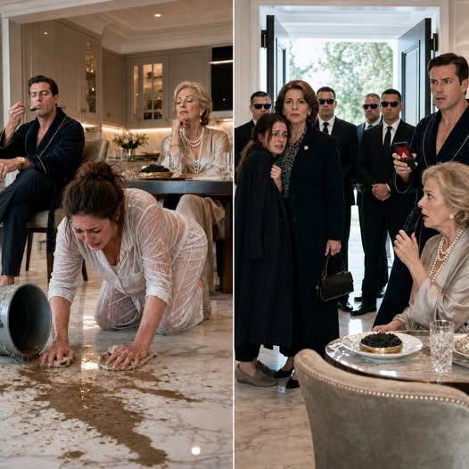 J’ai perdu mon cœur. Ma fille était sur ses mains et les genoux frottant le sol de la cuisine avec de l’eau glacée, tandis que son mari et sa mère ont mangé cher caviar à la table. “Arrête de pleurer et de servir le dessert!” il s’est claqué, frappant le seau d’eau sale. Je me suis tranquillement éloigné de la fenêtre et j’ai passé un seul coup de fil au service RH de sa compagnie. Cinq minutes plus tard, son téléphone a bourdonné avec un préavis catastrophique, et mon équipe de sécurité privée a ouvert la porte d’entrée. Histoires vraies