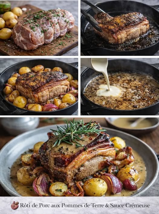 Rôti de Porc Doré aux Herbes, Pommes de Terre & Sauce Crémeuse