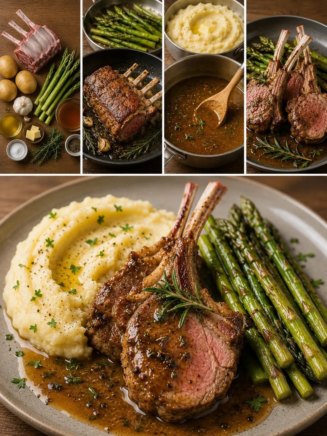 Carré d’Agneau Sauce Romarin, Purée Maison & Asperges Rôties