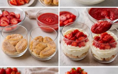 Verrines tiramisu aux fraises (mascarpone, biscuits cuillère, coulis maison)