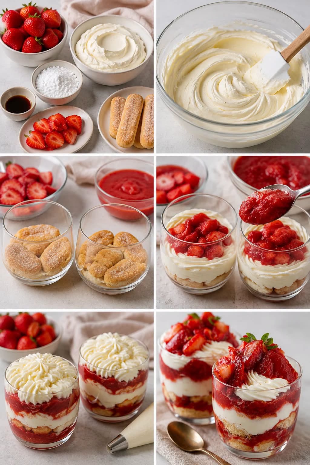 Verrines tiramisu aux fraises (mascarpone, biscuits cuillère, coulis maison)